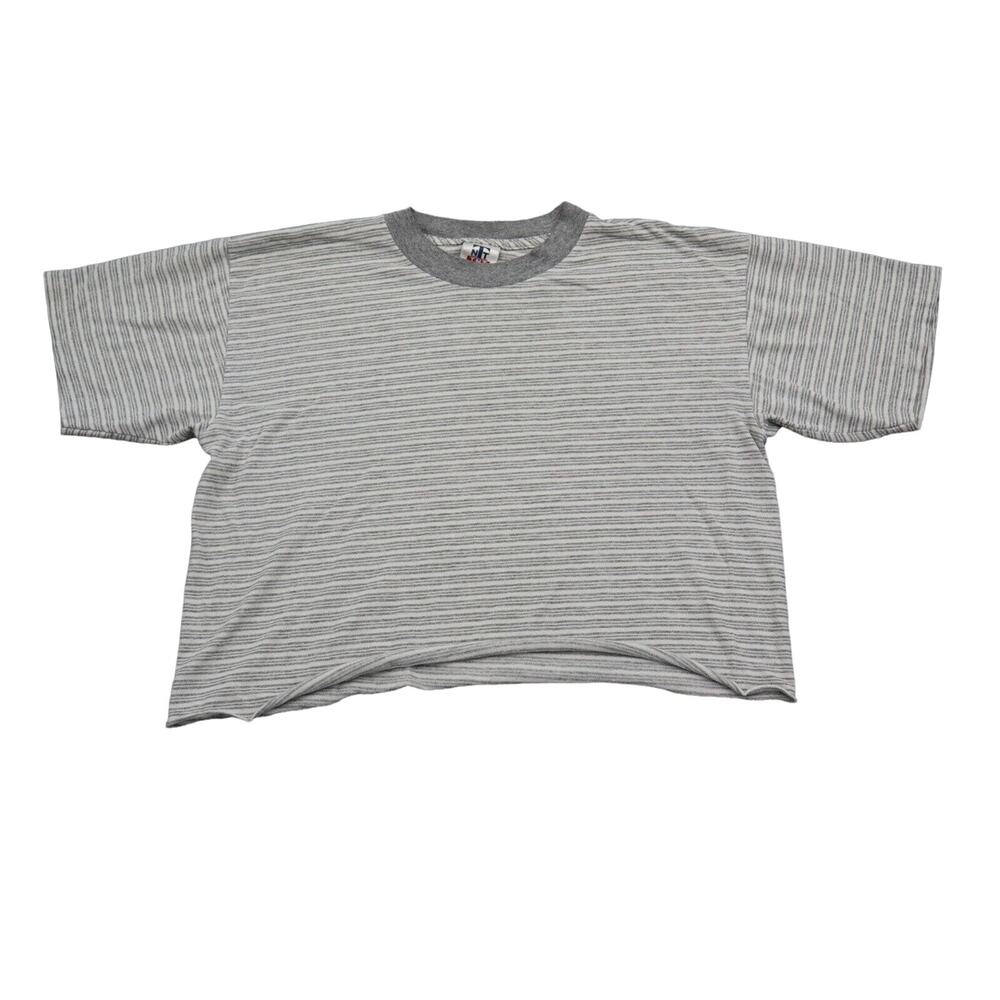 TNT Shirt Womens M Gray Short Sleeve Crew Neck Stripe Cropped Preshrunk T Shirt
